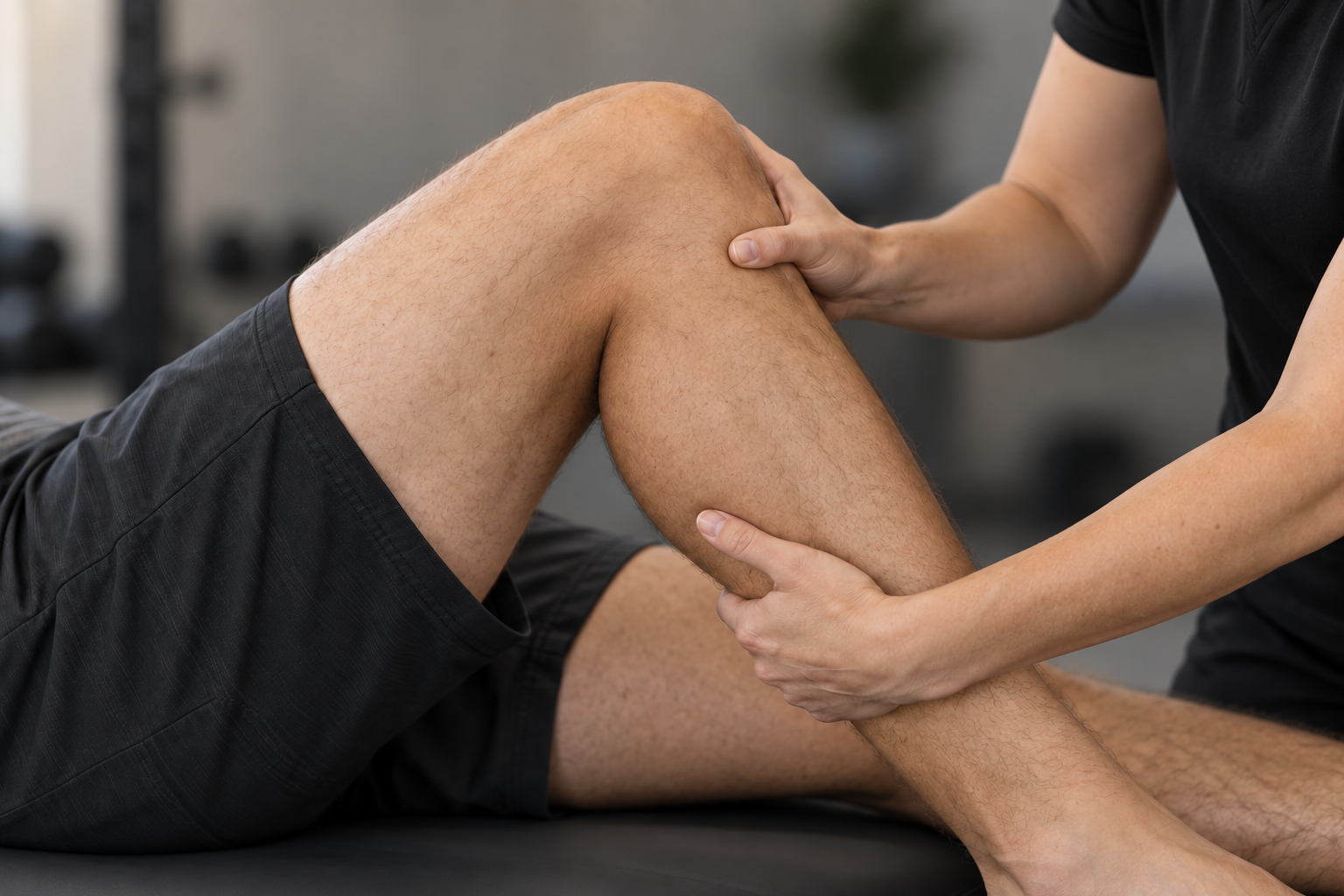 Illustrative image of a clinician supporting a patient’s knee during assessment
